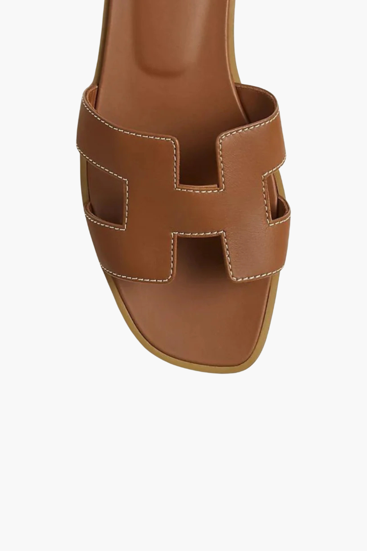 Margo & Main – flat cutout leather slide sandals, full length view, US women's sizes