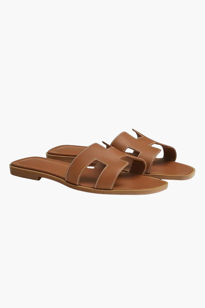 Margo & Main – tan flat cutout leather slide sandals worn styled view, US women's sizes