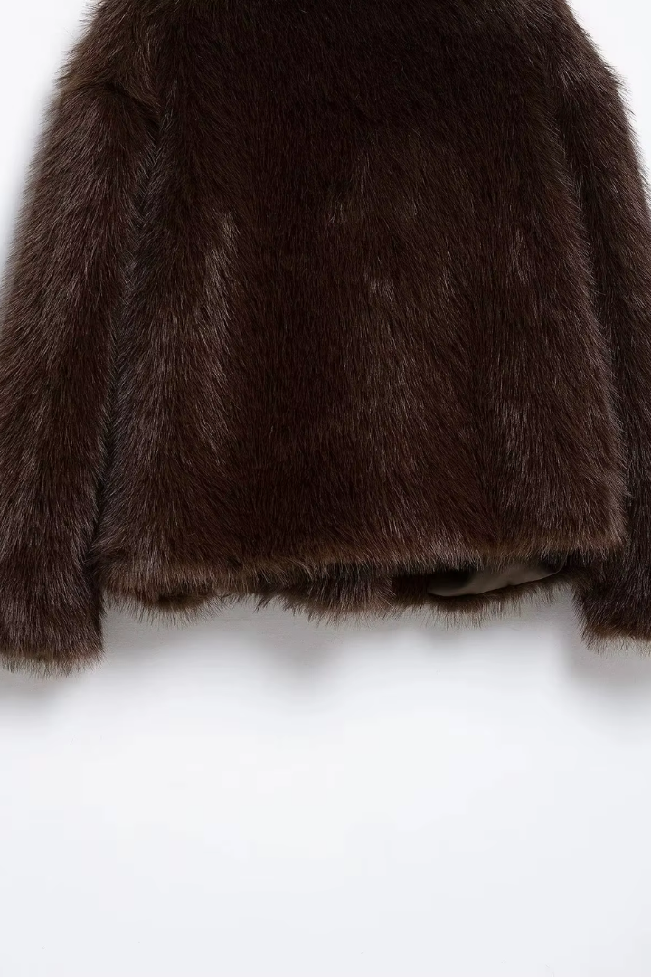 Margo & Main – faux fur wide collar short coat, worn view, US women's sizes