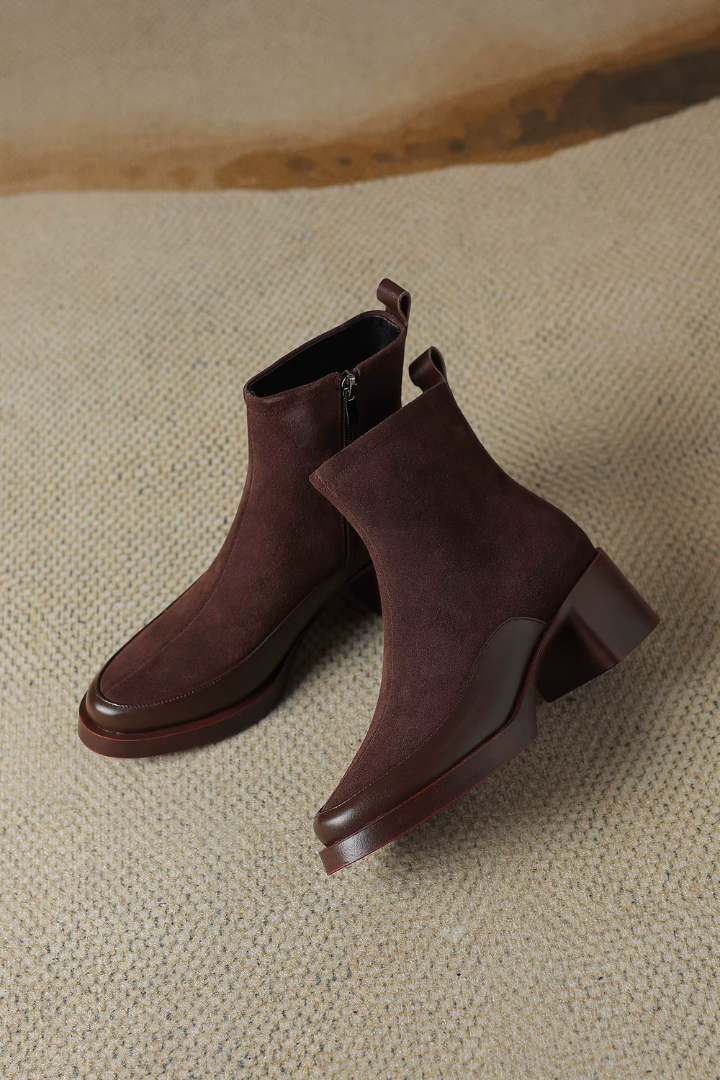 Margo & Main – suede block heel ankle boots, angled view, US women's sizes