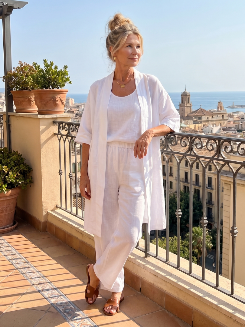 Margo & Main – Yael white duster pant set, walking view on a terrace, US women's sizes