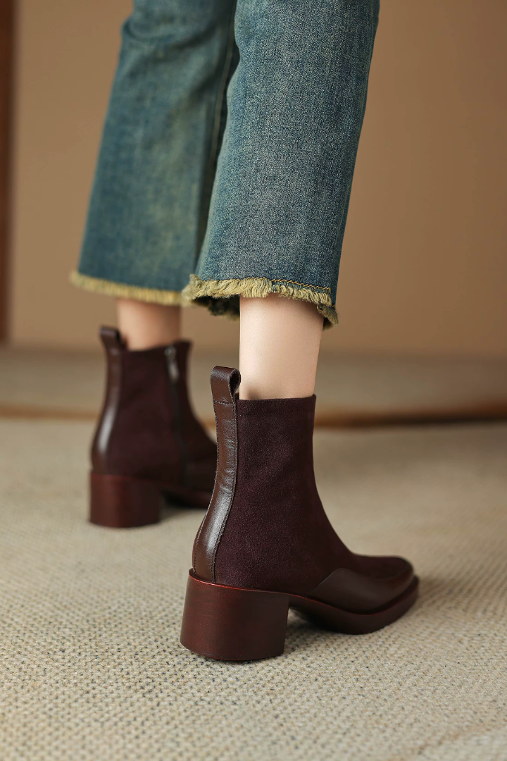 Margo & Main – suede block heel ankle boots, close-up view, US women's sizes