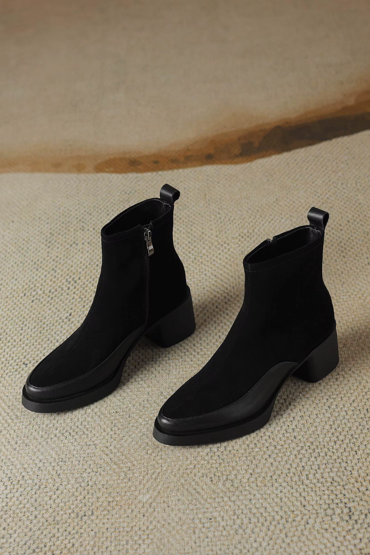 Margo & Main - black suede block heel ankle boots, pair shown side by side, US women's sizes