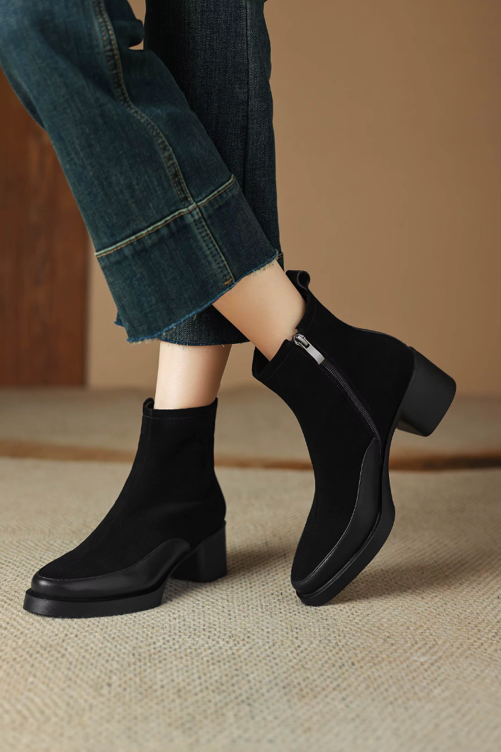 Margo & Main - black suede block heel ankle boots, on-foot front view on model, US women's sizes