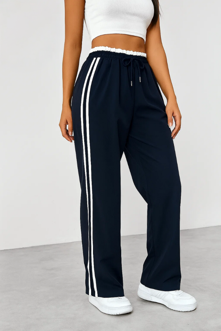 Margo & Main – Navy side-stripe pull-on trousers, front view on model, US women's sizes