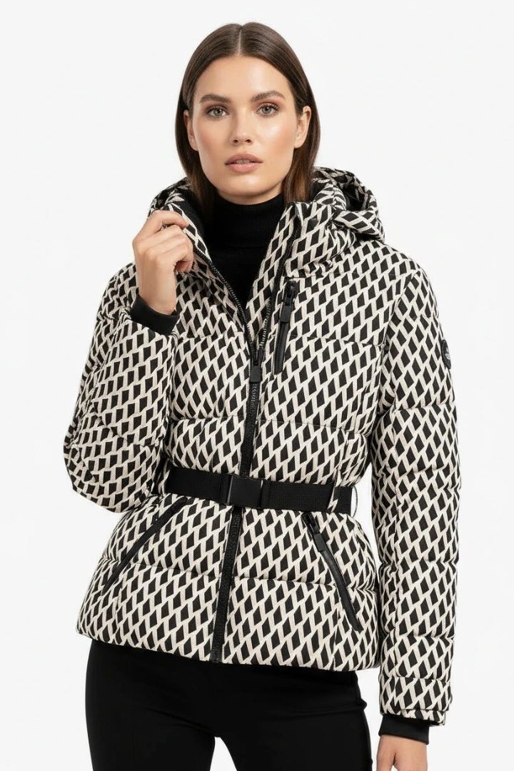 Margo & Main – black and cream belted hooded quilted puffer jacket front view, US women's sizes