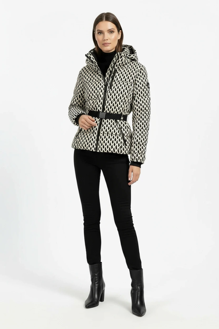 Margo & Main – black belted hooded quilted puffer jacket styled full length view, US women's sizes