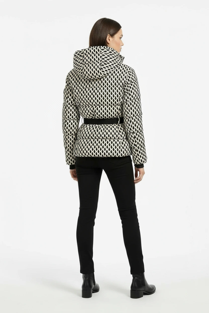 Margo & Main – black and cream belted hooded quilted puffer jacket texture detail, US women's sizes