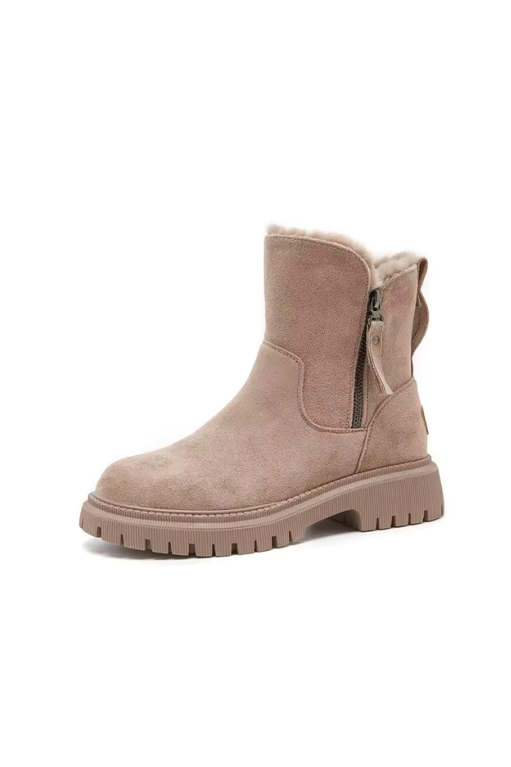 Margo & Main – tan fleece-lined suede ankle boots side profile view, US women's sizes