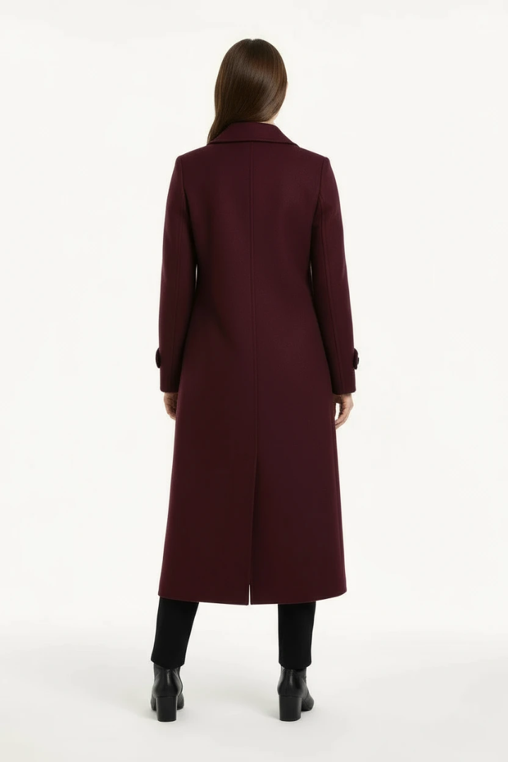 Margo & Main – burgundy double-breasted longline wool coat sleeve detail, US women's sizes