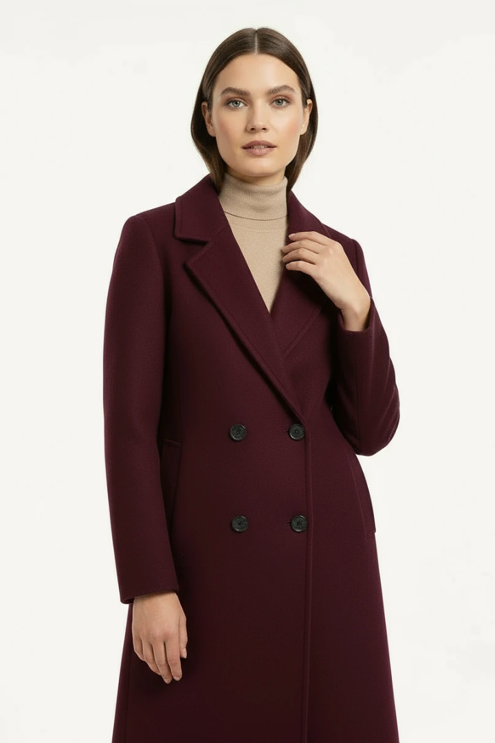 Margo & Main – burgundy double-breasted longline wool coat front view, US women's sizes