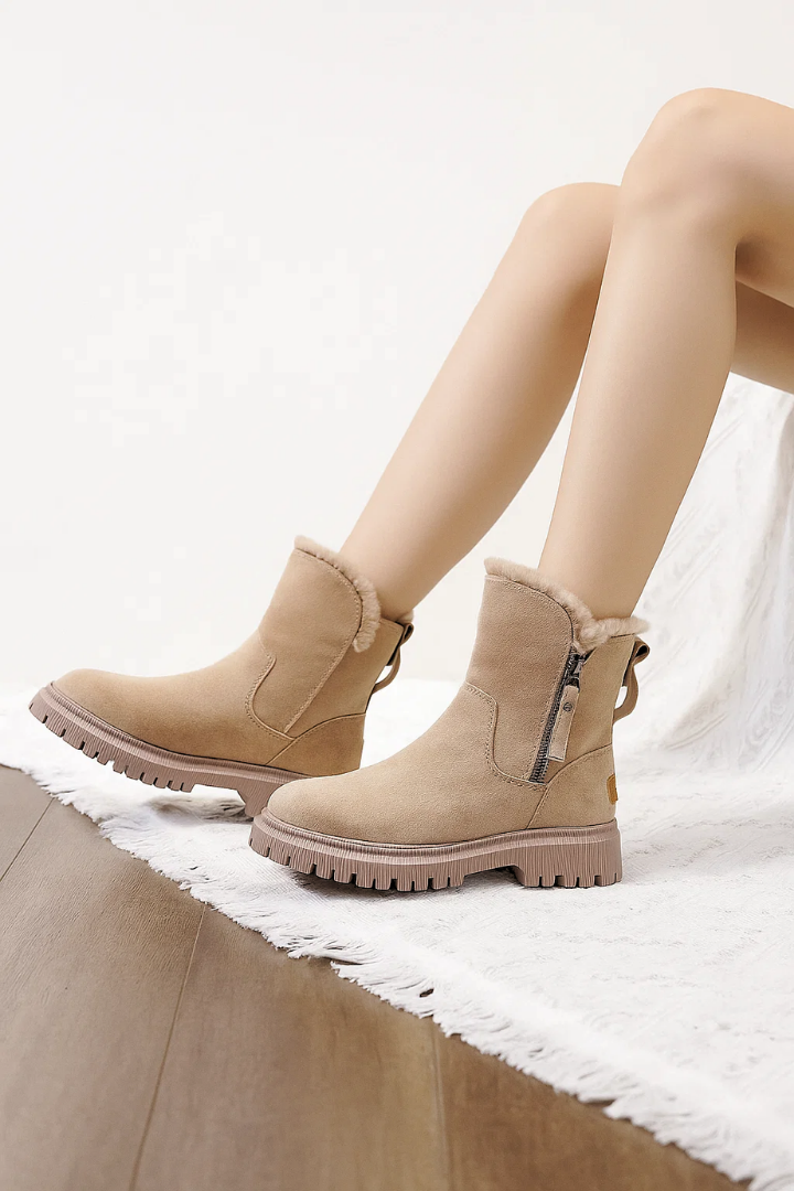 Margo & Main – tan fleece-lined suede ankle boots angled pair view, US women's sizes