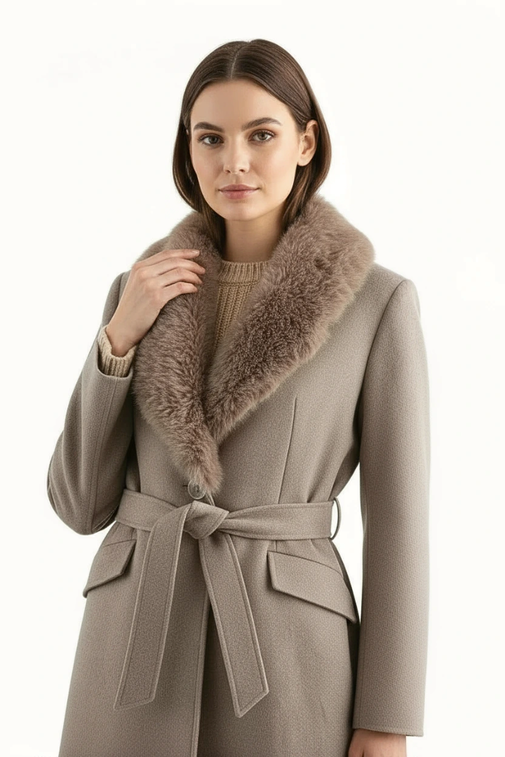 Margo & Main – faux fur collar belted wool coat, full length view, US women's sizes