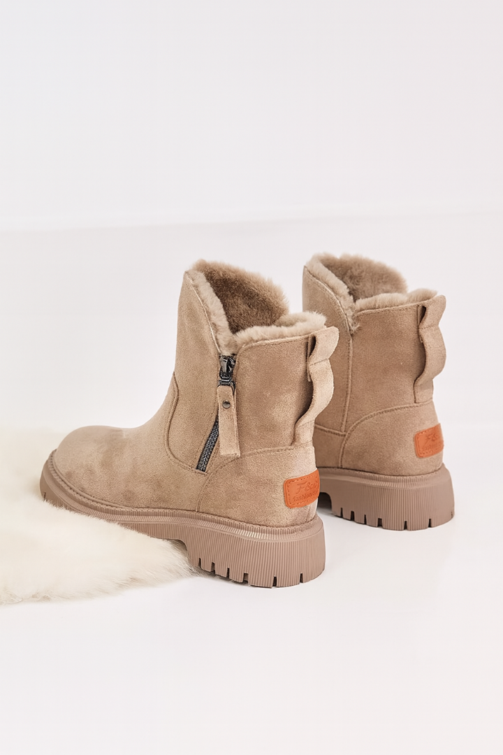 Margo & Main – tan fleece-lined suede ankle boots back and heel detail, US women's sizes