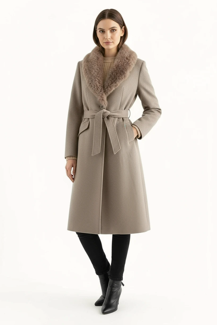 Margo & Main – taupe belted wool coat with faux fur collar styled full length view, US women's sizes