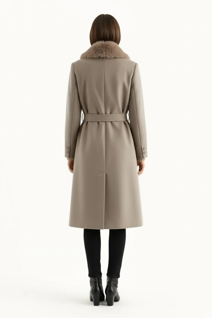 Margo & Main – faux fur collar belted wool coat, angled view, US women's sizes