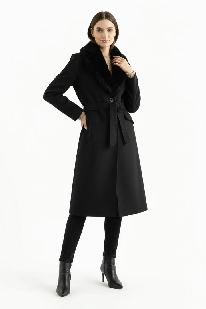 Margo & Main – black belted wool coat with faux fur collar fabric texture detail, US women's sizes