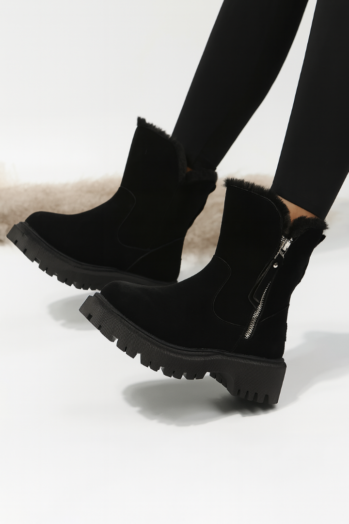 Margo & Main – fleece-lined suede ankle boots, close-up view, US women's sizes