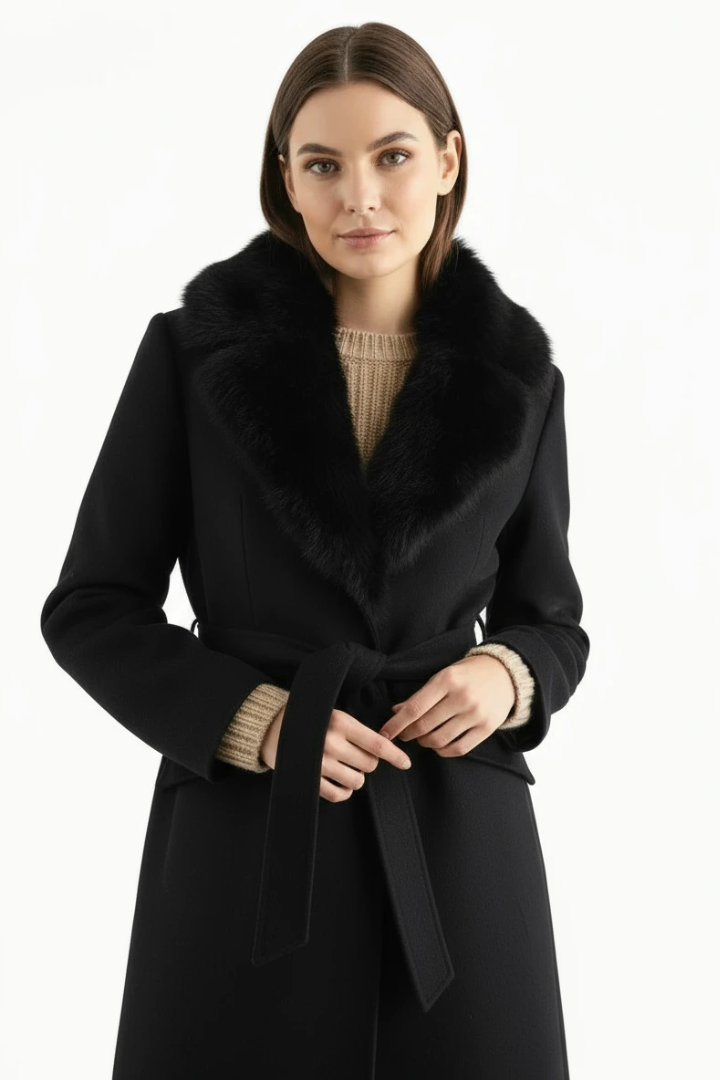 Margo & Main – black belted wool coat with faux fur collar sleeve detail, US women's sizes