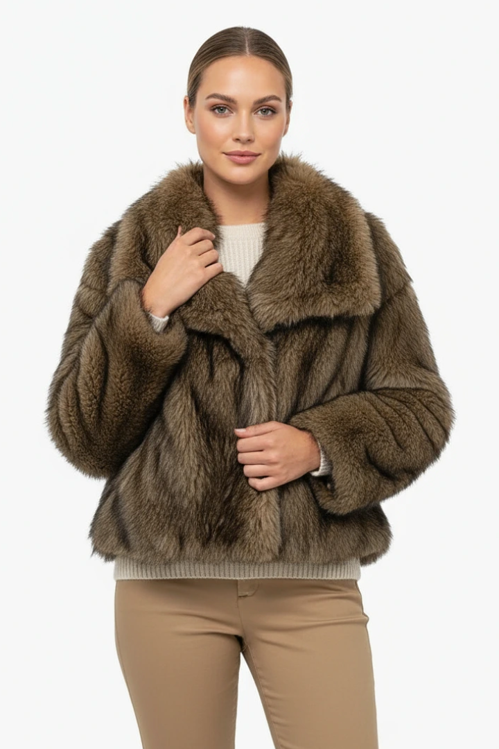 Margo & Main - chocolate brown faux fur short coat, styled outfit lifestyle shot, US women's sizes