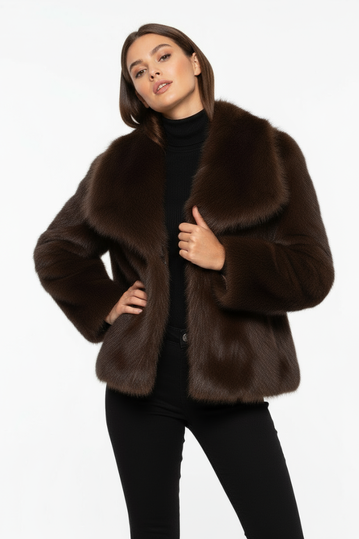 Margo & Main - chocolate brown faux fur short coat, full front view on model, US women's sizes