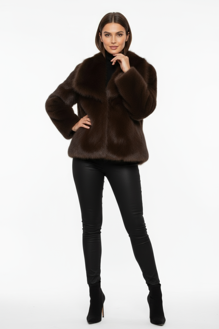 Margo & Main - chocolate brown faux fur short coat, wide collar and sleeve detail, US women's sizes
