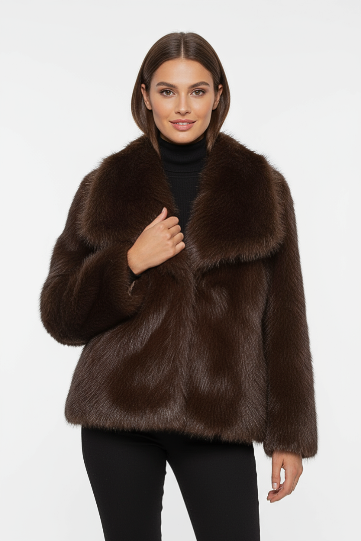 Margo & Main - chocolate brown faux fur short coat for women, back view on model, US women's sizes