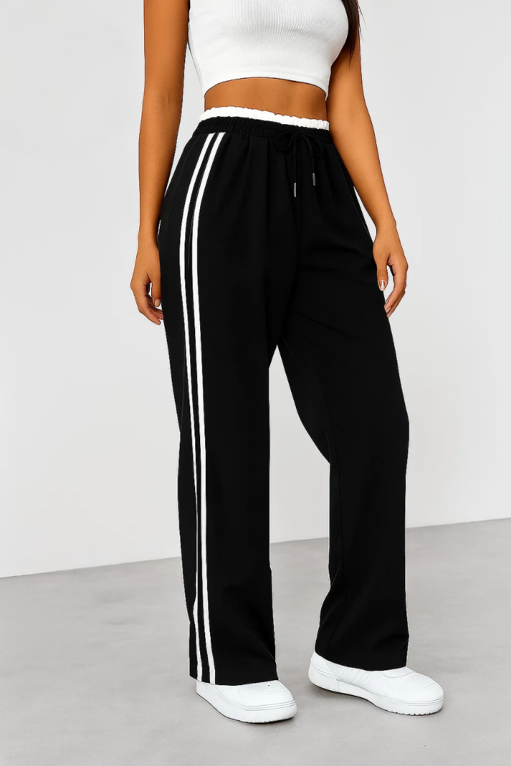 Margo & Main – Black side-stripe pull-on trousers, front view on model, US women's sizes