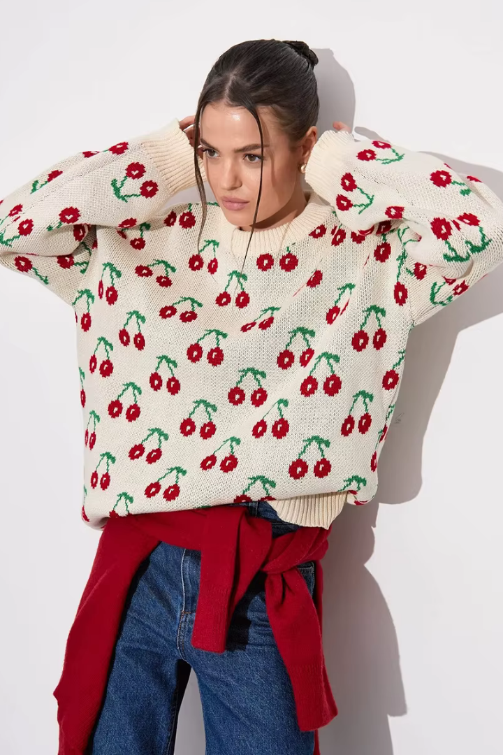 Margo & Main – cream cherry print crew neck sweater full front view, US women's sizes