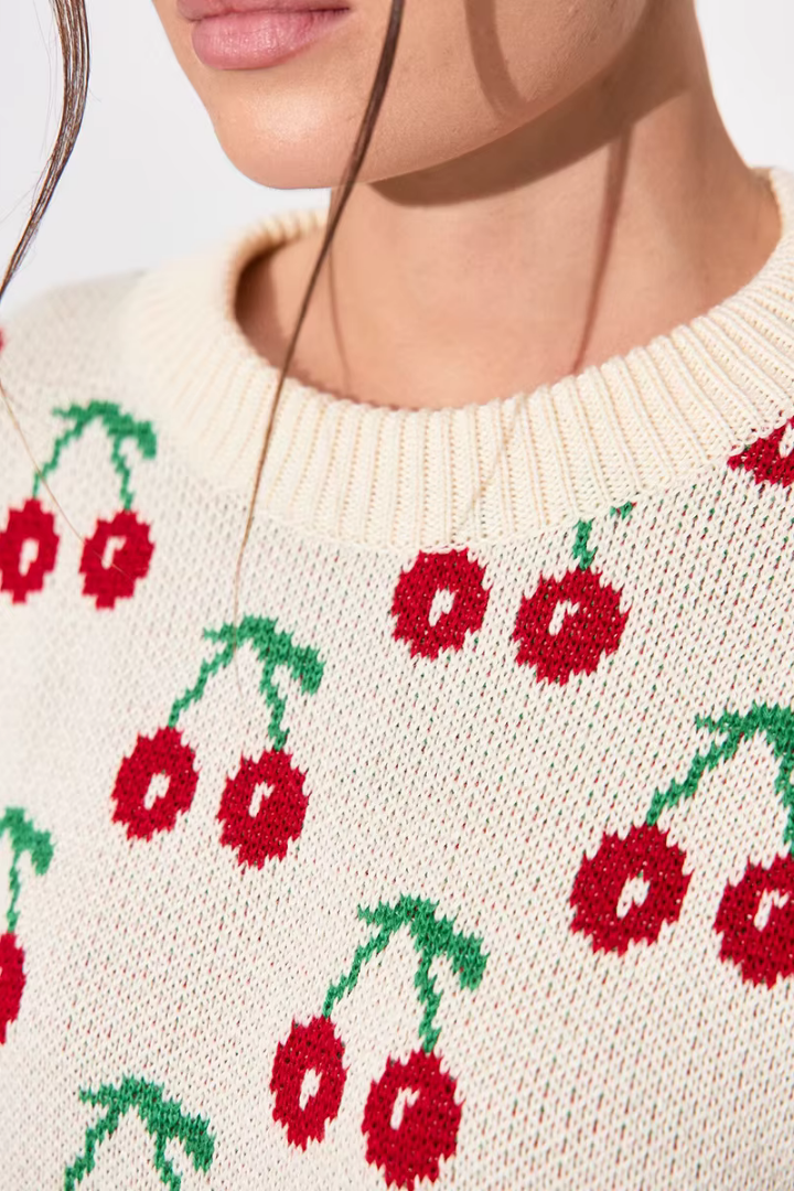 Margo & Main – cream cherry print crew neck sweater cherry knit close-up detail, US women's sizes