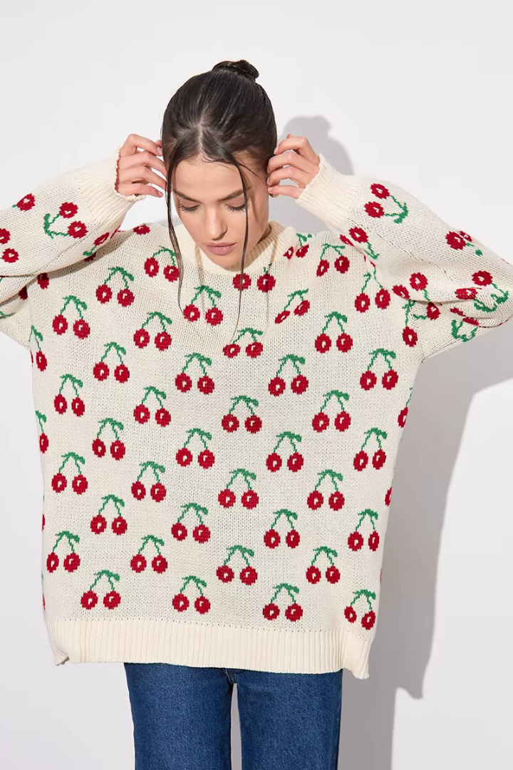 Margo & Main – cream cherry print crew neck sweater full-length front view, US women's sizes