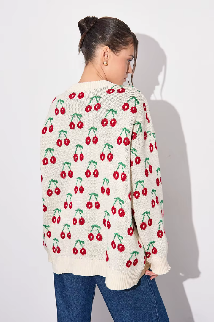 Margo & Main – cream cherry print crew neck sweater back and shoulder view, US women's sizes