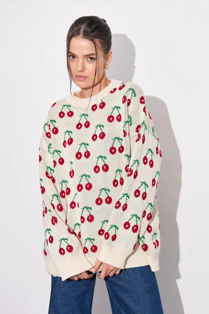 Margo & Main – cream cherry print crew neck sweater knit surface detail view, US women's sizes