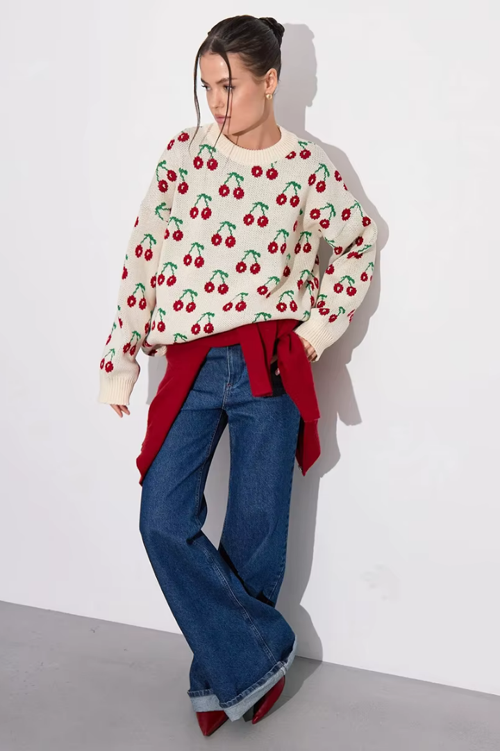 Margo & Main – cream cherry print crew neck sweater styled outfit view, US women's sizes