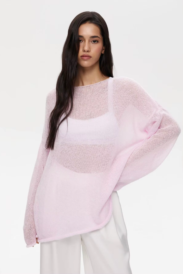 Margo & Main – sheer open-knit boat neck sweater, front view, US women's sizes
