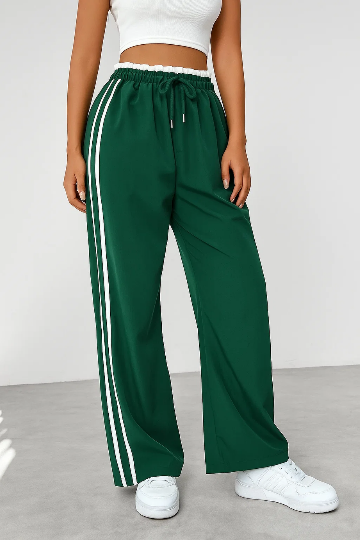 Margo & Main – Green side-stripe pull-on trousers, front view on model, US women's sizes