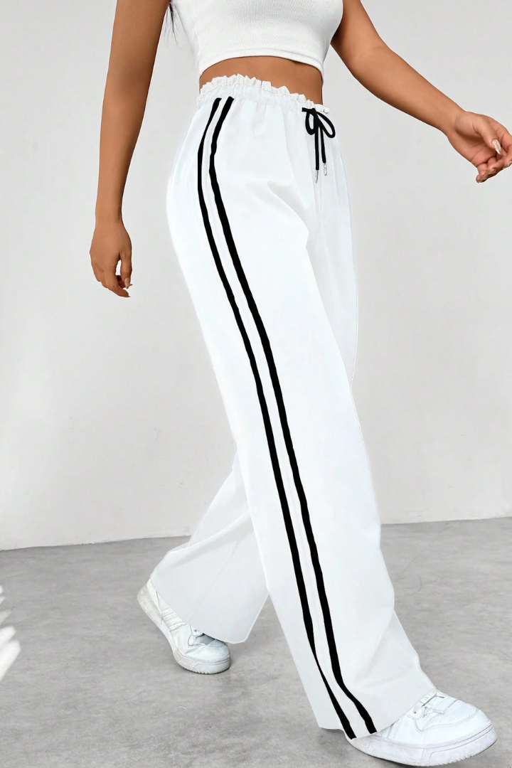 Margo & Main – White side-stripe pull-on trousers, walking side view, US women's sizes