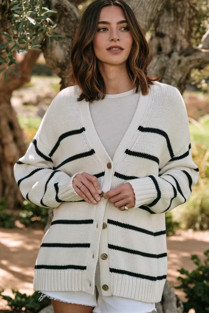Margo & Main – cream and navy striped button-front cardigan full front view, US women's sizes