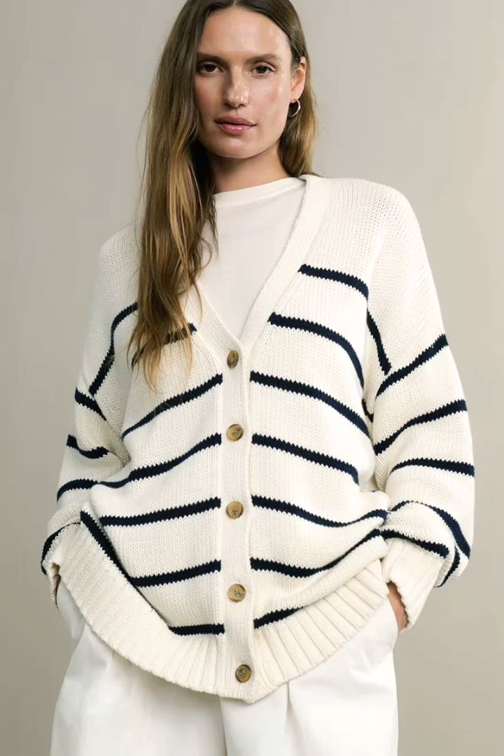 Margo & Main – cream and navy striped button-front cardigan studio front view, US women's sizes