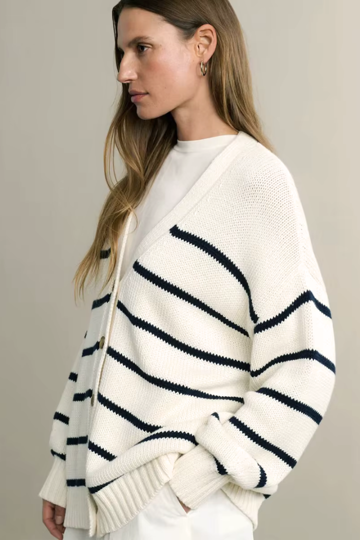 Margo & Main – cream and navy striped button-front cardigan side profile view, US women's sizes