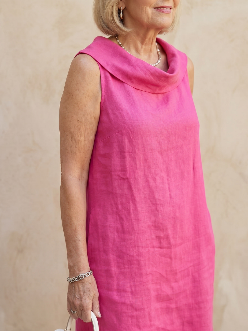 Margo & Main – Vienna Pink sleeveless linen shift dress, folded collar detail, US women’s sizes