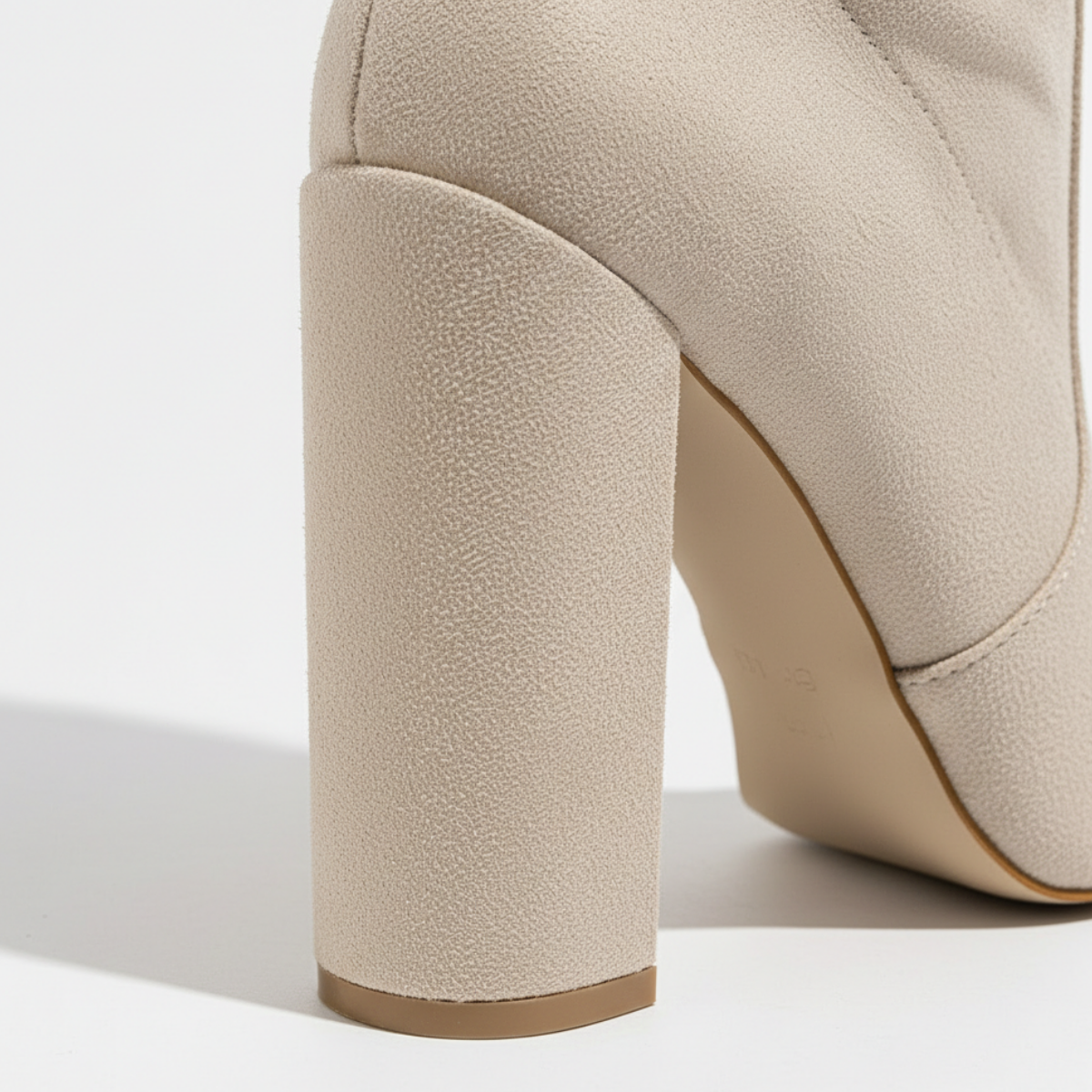Margo & Main - beige knee-high boots, close-up of the tall block heel, US women's sizes