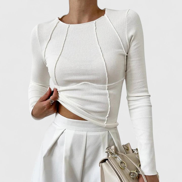 Margo & Main – white ribbed knit top, exposed seam and rib texture detail, US women's sizes