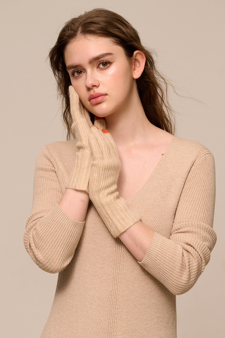 Margo & Main - beige cashmere gloves worn at the face to show the soft ribbed knit, one size