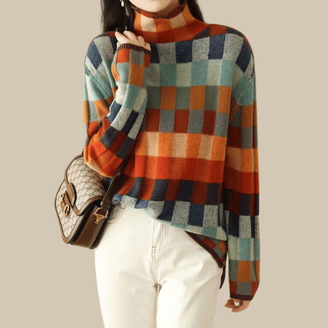 Margo & Main - patchwork check turtleneck sweater styled with white pants, US sizes