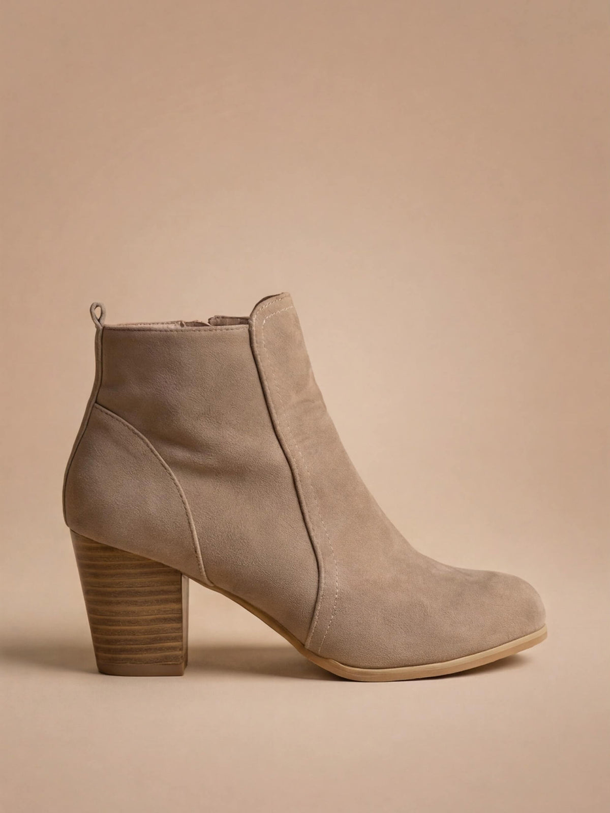 Margo & Main – Beige suede block heel ankle boots side profile, US women's sizes