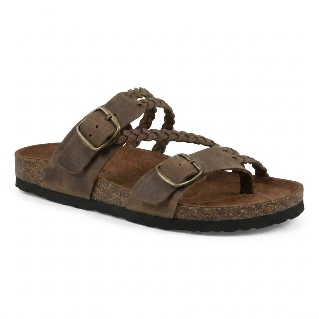 Margo & Main - brown braided suede cork footbed sandals angled view, US women's sizes
