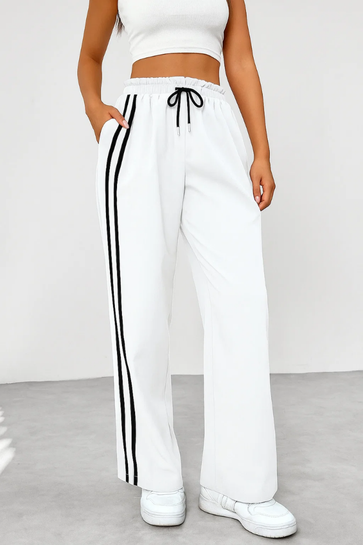 Margo & Main – White side-stripe pull-on trousers, front view on model, US women's sizes