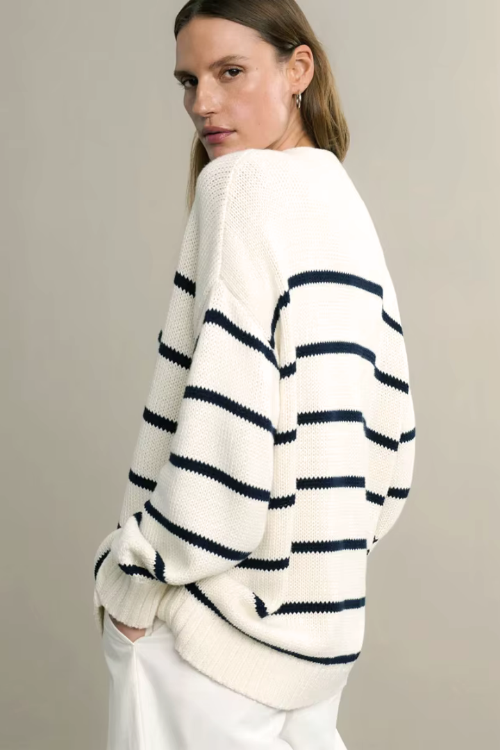Margo & Main – cream and navy striped button-front cardigan back sleeve view, US women's sizes