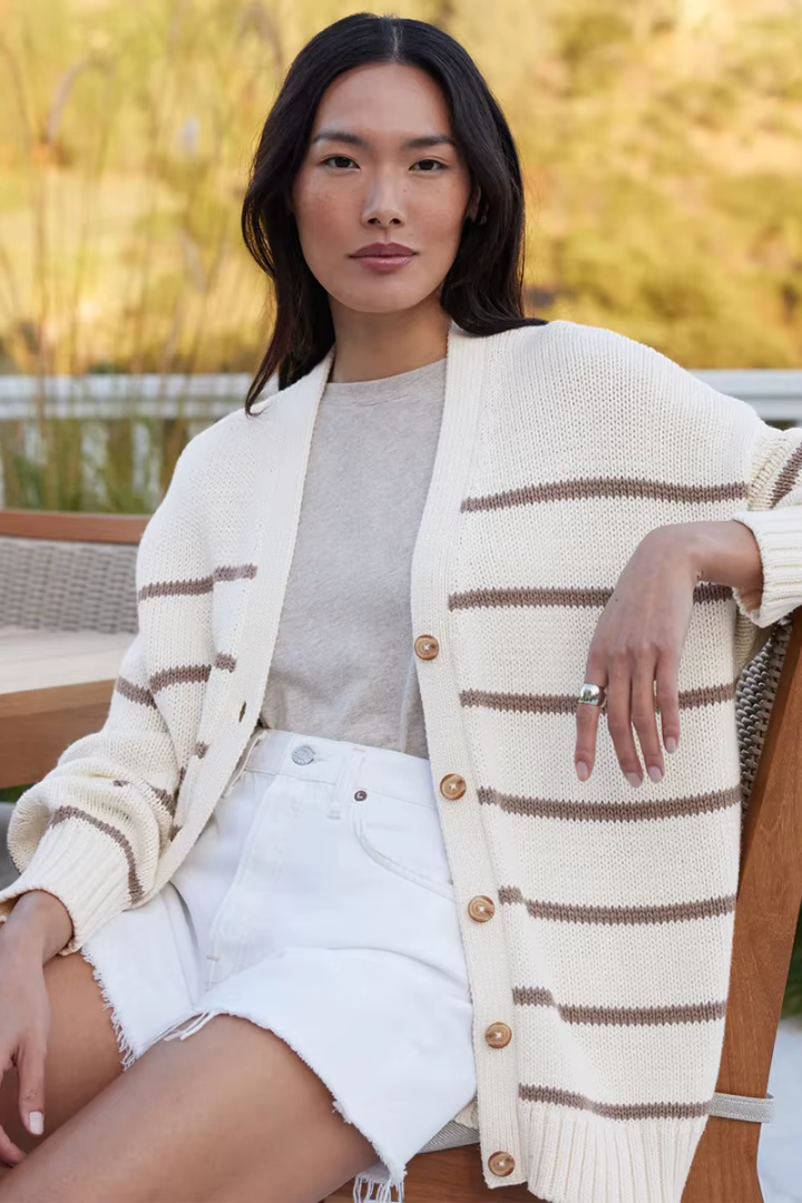Margo & Main – striped button-front knit cardigan, worn view, US women's sizes